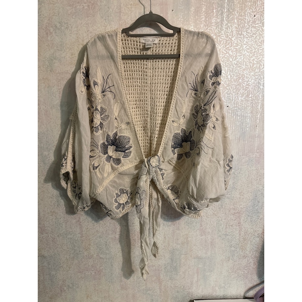Rachel Zoe Cream Crochet Embroidered Tie Front Cardigan Boho One Size